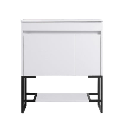 30" Bathroom Vanity with Sink,Bathroom Vanity Cabinet with One Soft Close Cabinet Doors & soft-close Drawers,Bathroom Storage Cabinet with a Lower Open Shelf,with Metal Legs,White Ceramic Sink,White