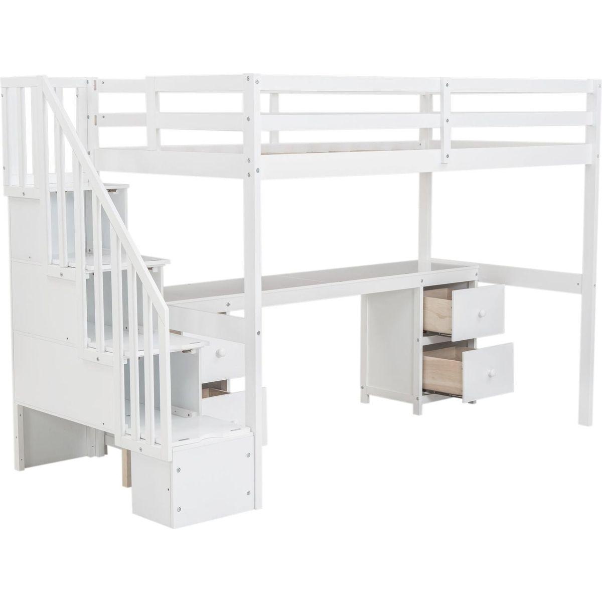 Twin Size Loft Bed Frame with Built-in Desk and Double Storage Drawers,White