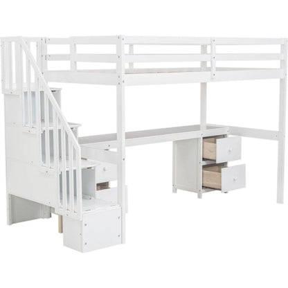 Twin Size Loft Bed Frame with Built-in Desk and Double Storage Drawers,White