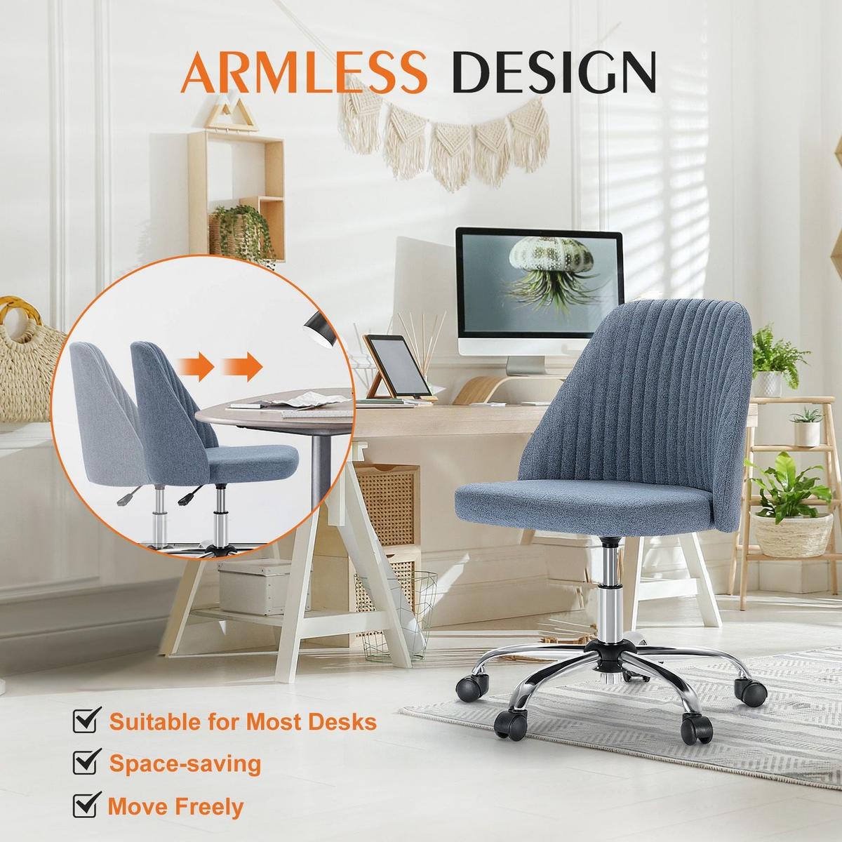 Armless Home Office Desk Chair with Wheels Adjustable Swivel Task Computer Vanity Chair for Small Spaces