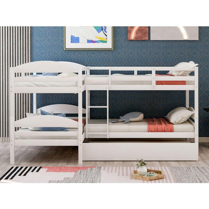 Twin L-Shaped Bunk bed with Trundle-White{O