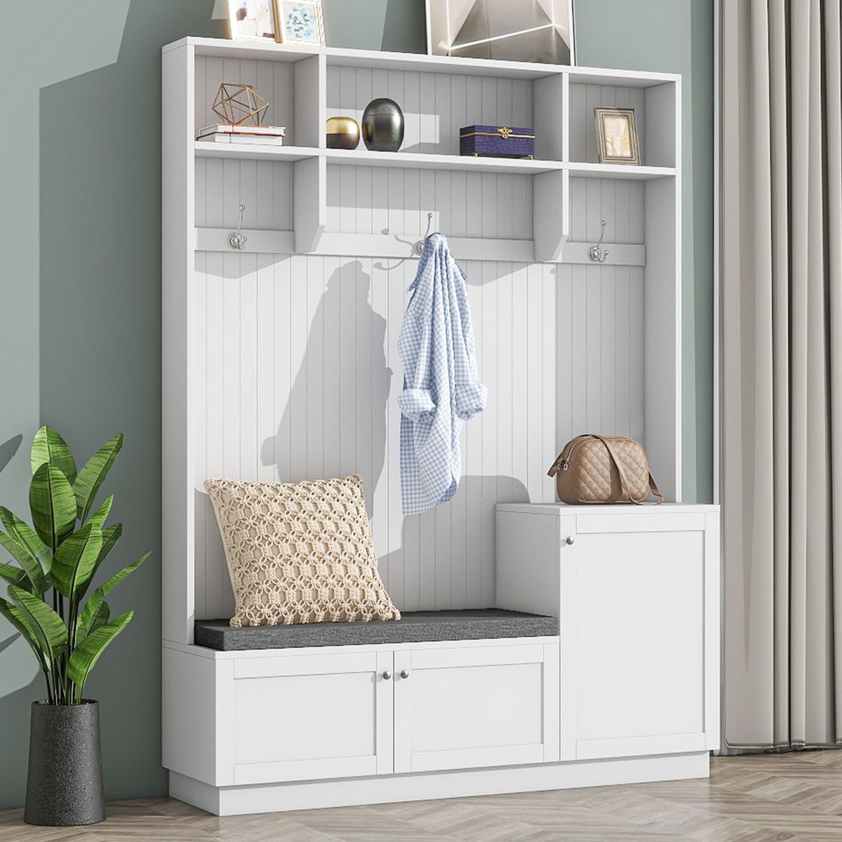 ON-TREND Elegant Design Hall Tree with Comfort and Storage Solutions, Functional Hallway Shoe Cabinet with Bench&Cushion, Modern Coat Rack with Hooks for Entryways, White (OLD SKU: SD000026AAK)