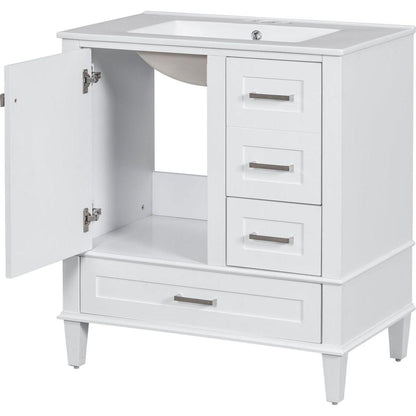 30" Bathroom Vanity, Modern Bathroom Cabinet with Sink Combo Set, Bathroom Storage Cabinet with a Soft Closing Door and 3 Drawers, Solid Wood Frame(White)