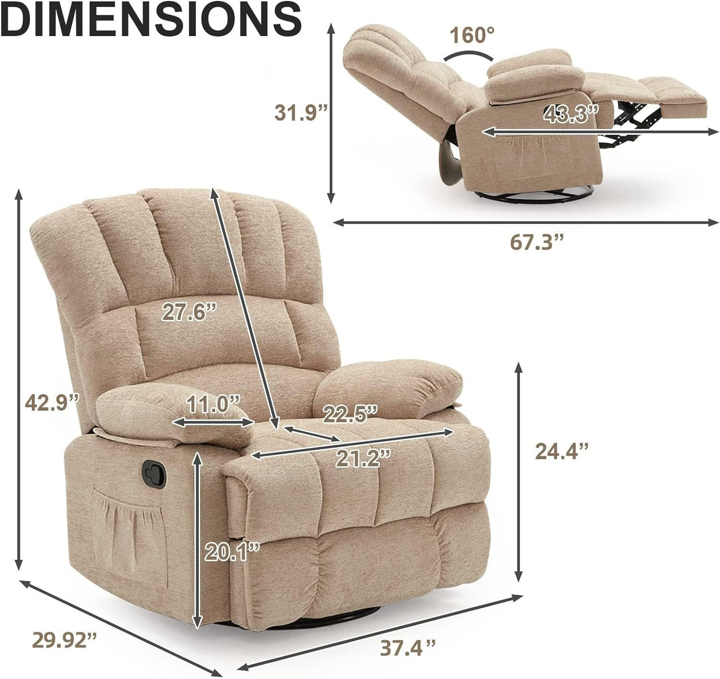 360 Rocking Swivel Rocker Recliner Chair, Oversized Recliner Chairs,Overstuffed Manual Nusery Glider Recliner,Extra Wide Recliner for Living Room Lazy Boy Single Sofa Khaki