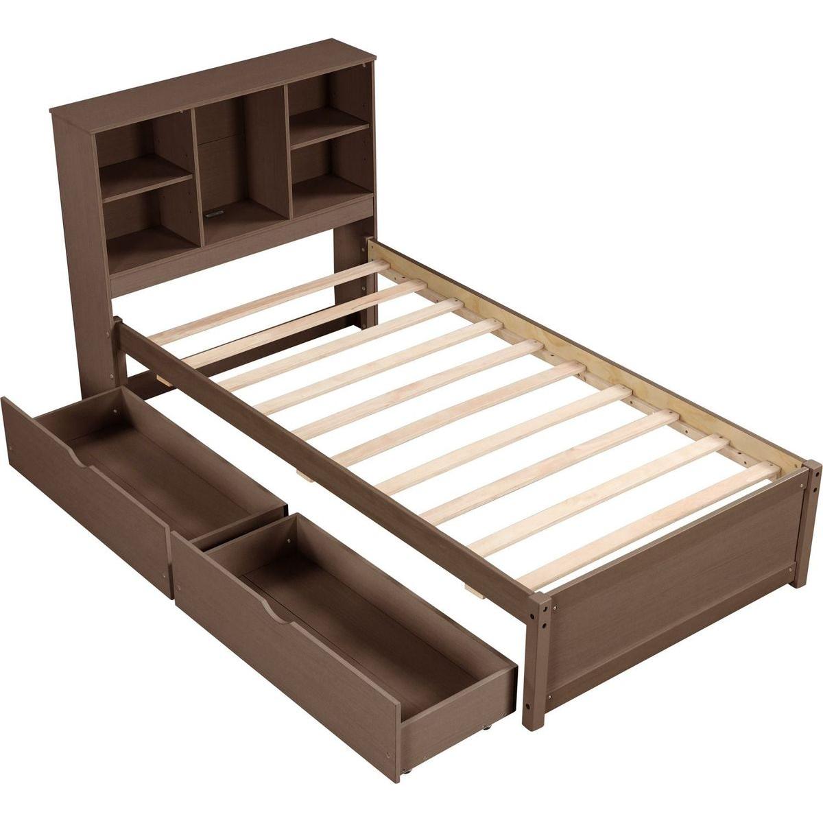Modern Twin Size Bed Frame With Built-in USB Port on Bookcase Headboard and 2 Drawers for Walnut Color