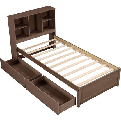 Modern Twin Size Bed Frame With Built-in USB Port on Bookcase Headboard and 2 Drawers for Walnut Color