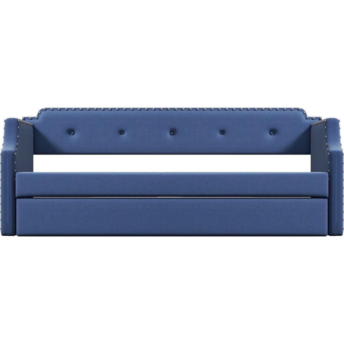 Upholstered Daybed with Trundle, Wood Slat Support,Upholstered Frame Sofa Bed, Twin,Blue