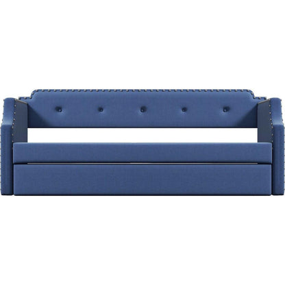 Upholstered Daybed with Trundle, Wood Slat Support,Upholstered Frame Sofa Bed, Twin,Blue