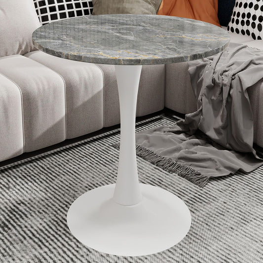 27.6-inch white coffee table, mid-century modern style dining table, accommodates 2-4 people, featuring a round dark gray veined marble tabletop, suitable for various settings.