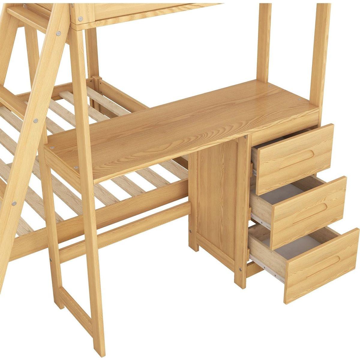 Twin over Full Bunk Bed with Built-in Desk and Three Drawers,Natural