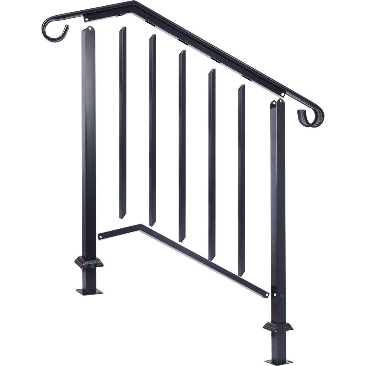 Handrails for Outdoor Steps, Fit 2 or 3 Steps Outdoor Stair Railing, Picket#2 Wrought Iron Handrail, Flexible Porch Railing, Black Transitional Handrails for Concrete Steps or Wooden Stairs