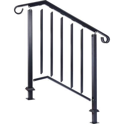 Handrails for Outdoor Steps, Fit 2 or 3 Steps Outdoor Stair Railing, Picket#2 Wrought Iron Handrail, Flexible Porch Railing, Black Transitional Handrails for Concrete Steps or Wooden Stairs