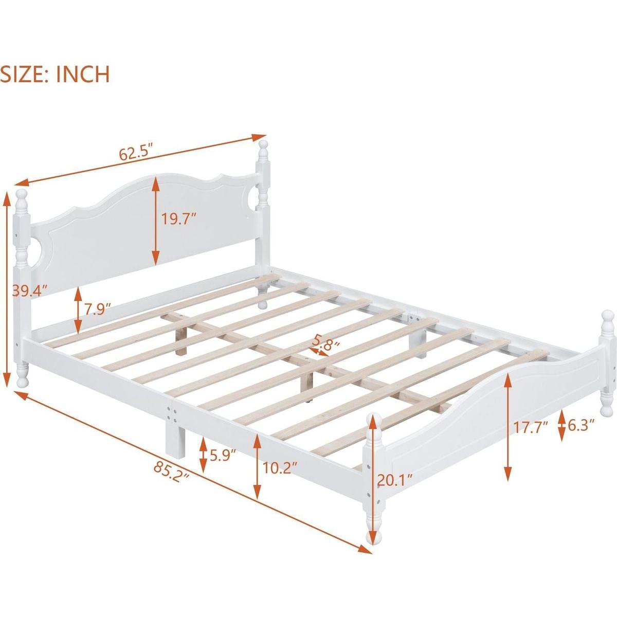 Queen Size Wood Platform Bed Frame,Retro Style Platform Bed with Wooden Slat Support,White