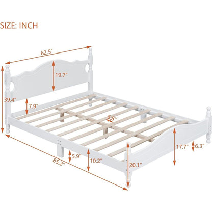 Queen Size Wood Platform Bed Frame,Retro Style Platform Bed with Wooden Slat Support,White