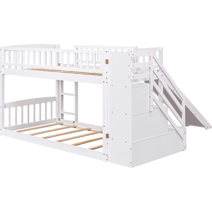 Stairway Twin over Twin Bunk Bed with Two Drawers and Slide, White
