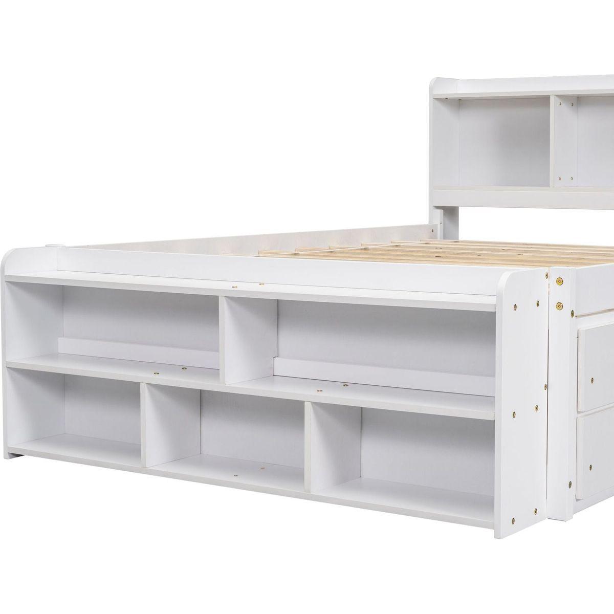 Full Bed with Bookcase Headboard, Under bed Storage Drawers and Bed End Storage Case,White