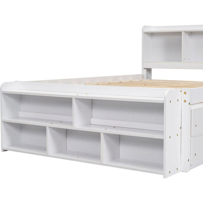Full Bed with Bookcase Headboard, Under bed Storage Drawers and Bed End Storage Case,White