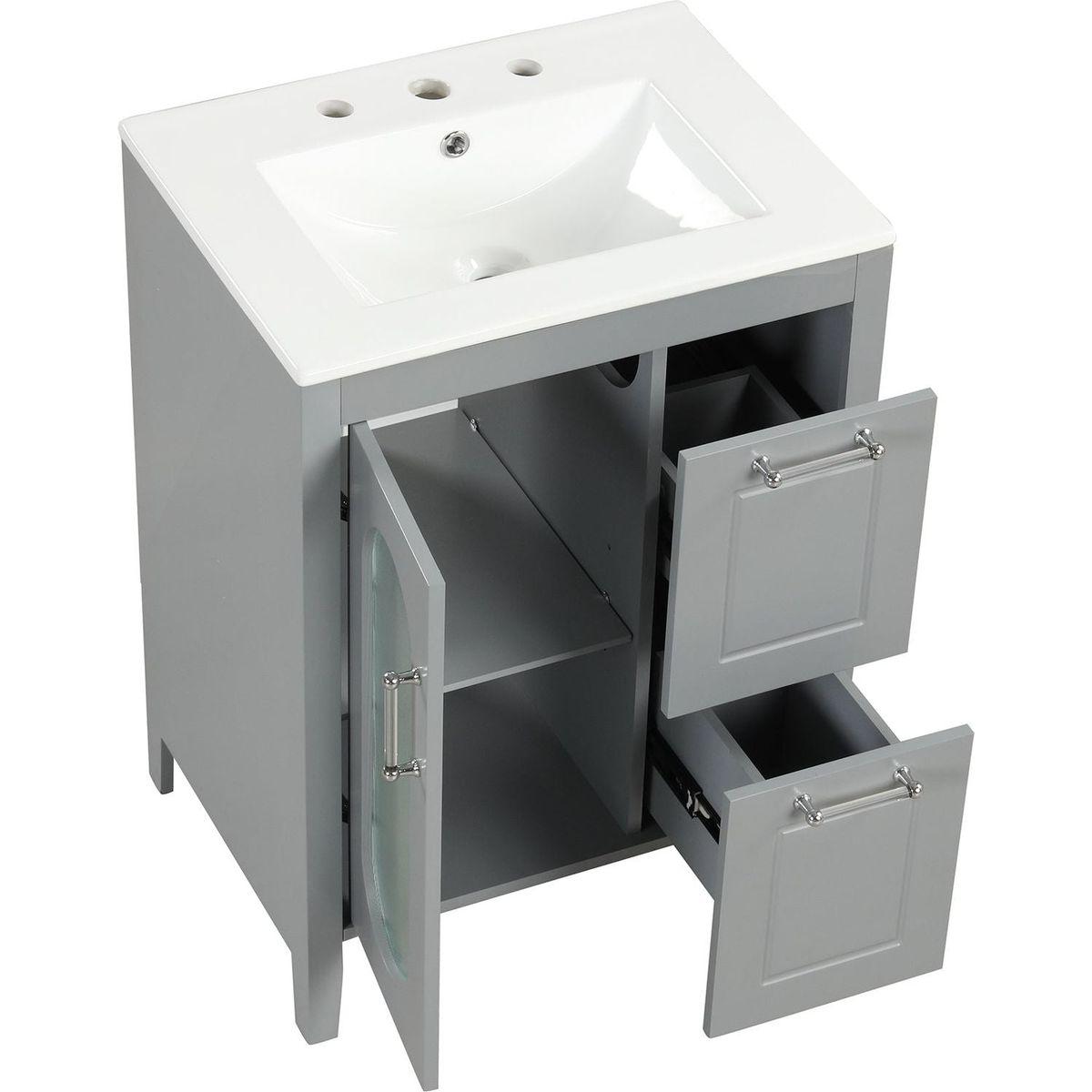 24" Bathroom Vanity with Sink, Bathroom Vanity Cabinet with Two Drawers and Door, Adjustable Shelf, Solid Wood and MDF, Grey