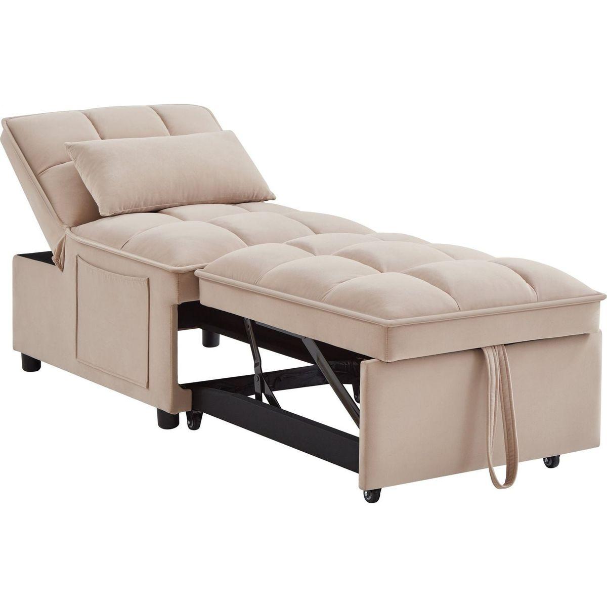 4 in1 Multi-Function Single Sofa Bed with Storage Pockets,Tufted Single Pull-out Sofa Bed with Adjustable Backrest and Pillows, Convertible Chaise Lounge,Taupe