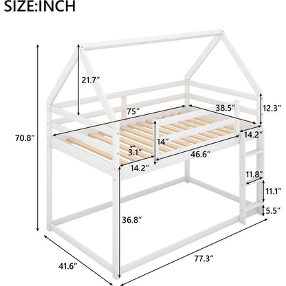 Twin over Twin Low Bunk Bed, House Bed with Ladder, White