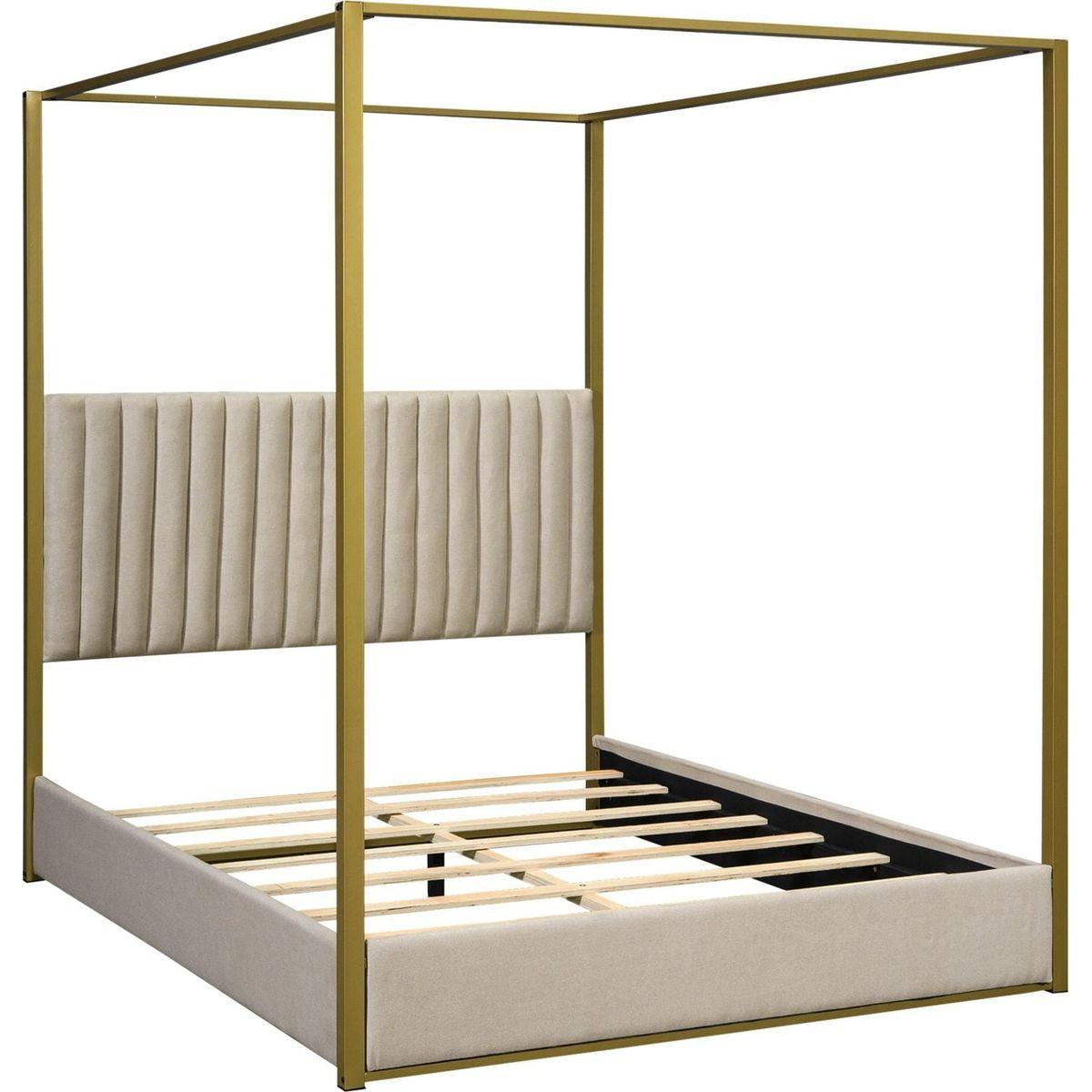 Queen Size Upholstery Canopy Platform Bed with Headboard and Metal Frame, Beige