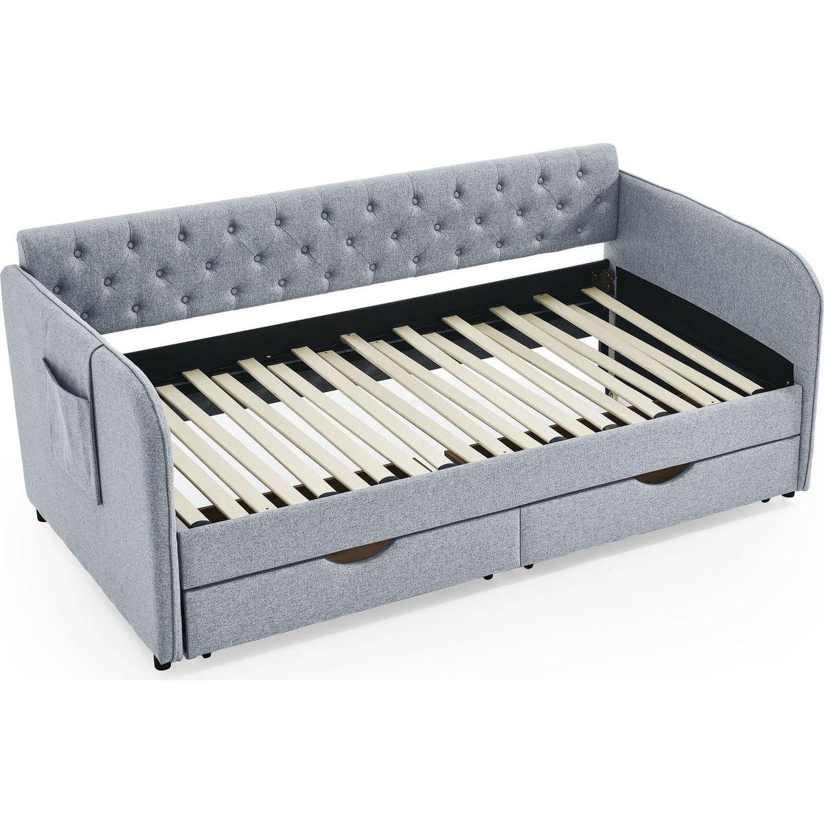 Twin Size Upholstery Daybed with Trundle Bed and Two Storage Drawers , Flat Arms with Pocket, Extendable Daybed for Bedroom Living Room,Linen Grey