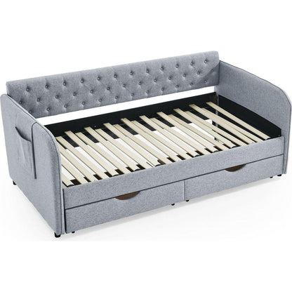 Twin Size Upholstery Daybed with Trundle Bed and Two Storage Drawers , Flat Arms with Pocket, Extendable Daybed for Bedroom Living Room,Linen Grey