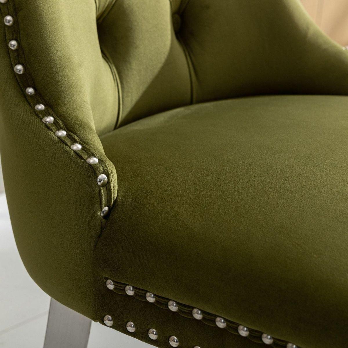 Nikki Collection Modern, High-end Tufted Solid Wood Contemporary Velvet Upholstered Dining Chair with Chrome Stainless Steel Plating Legs,Nailhead Trim,Set of 2,Olive-Green and Chrome