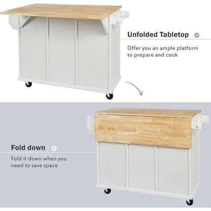 Kitchen Cart with Rubber wood Drop-Leaf Countertop, Cabinet door internal storage racks,Kitchen Island on 5 Wheels with Storage Cabinet and 3 Drawers for Dining Room,White