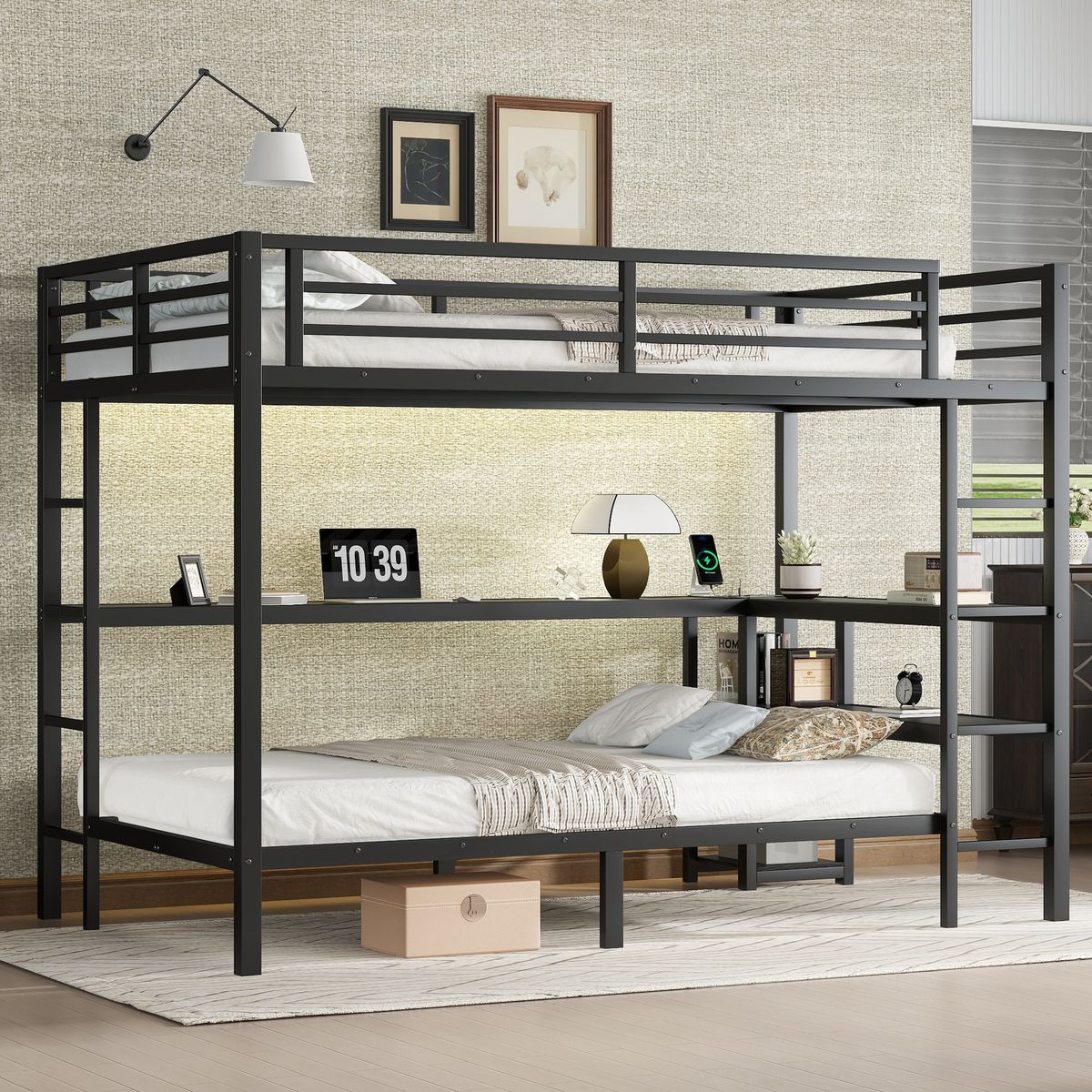 FULL Over Twin Bunk Bed with Desk and Shelves, Multiple Placement, with LED and USB, Black