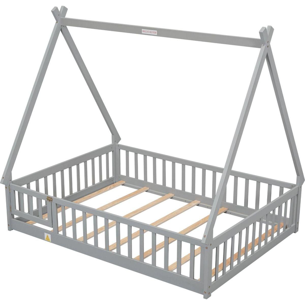 Full Tent-shaped Floor Bed, with Guardrails, Slats, Door, Grey