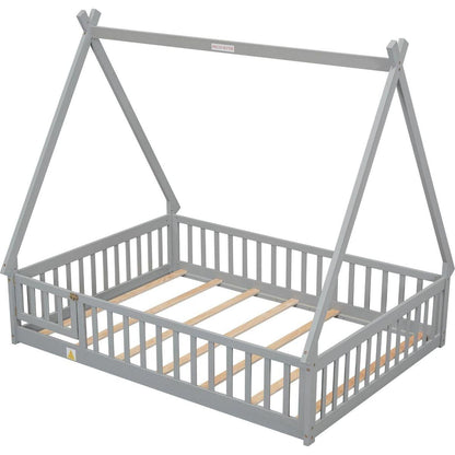 Full Tent-shaped Floor Bed, with Guardrails, Slats, Door, Grey