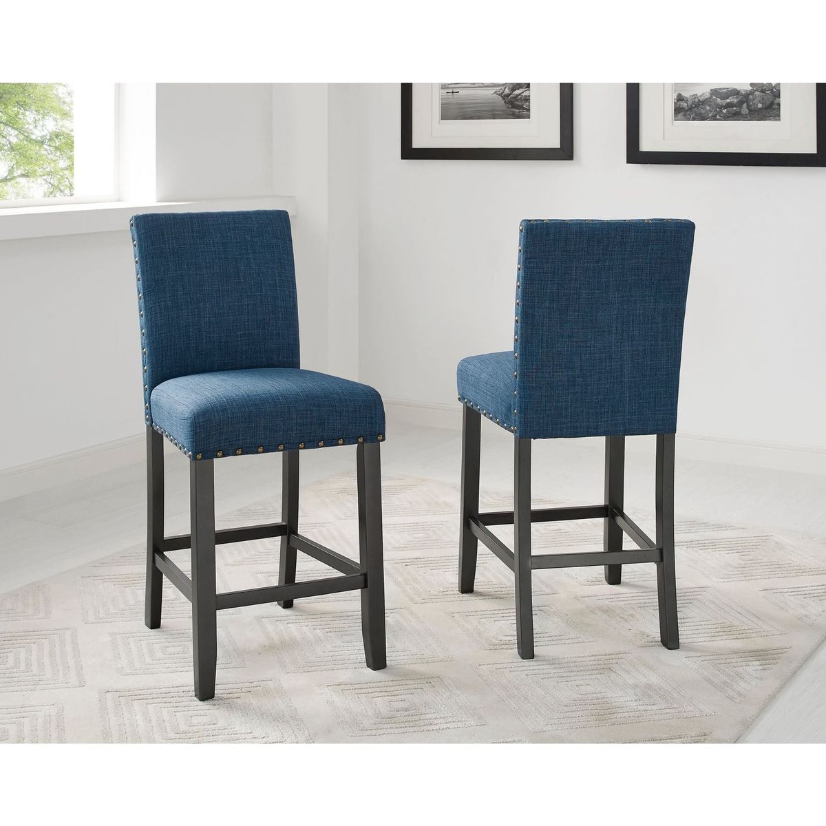 Biony Blue Fabric Counter Height Stools with Nailhead Trim, Set of 2