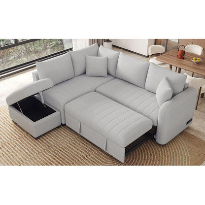 82.6" L-shaped Sectional Pull Out Sofa Bed Sleeper Sofa with Two USB Ports, Two Power Sockets and a Movable Storage Ottoman, Gray