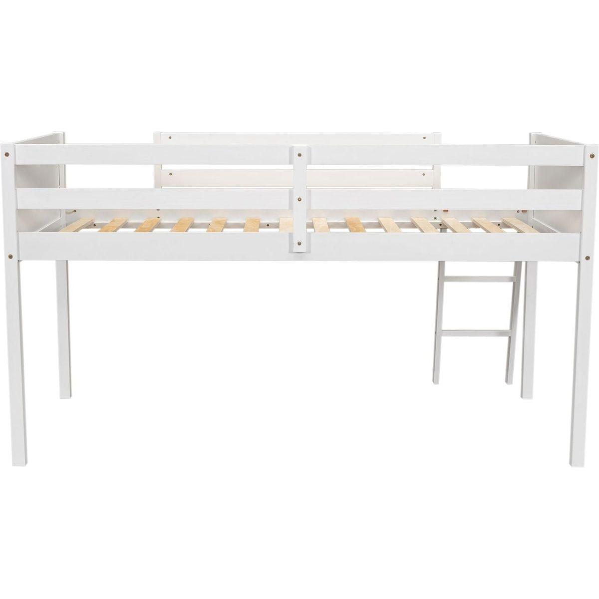 Twin Size Wood Low Loft Bed with Ladder, ladder can be placed on the left or right, White