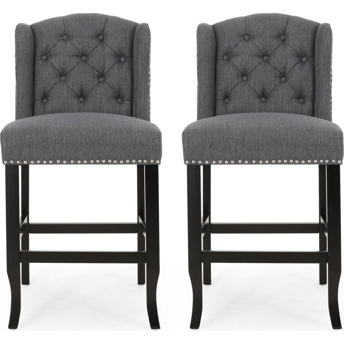 Vienna Contemporary Fabric Tufted Wingback 27 Inch Counter Stools, Set of 2, Charcoal and Dark Brown