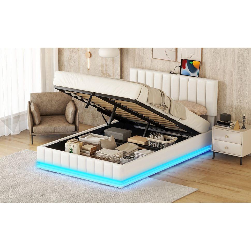 Full Size Upholstered Bed with Hydraulic Storage System and LED Light, Modern Platform Bed with Sockets and USB Ports, White
