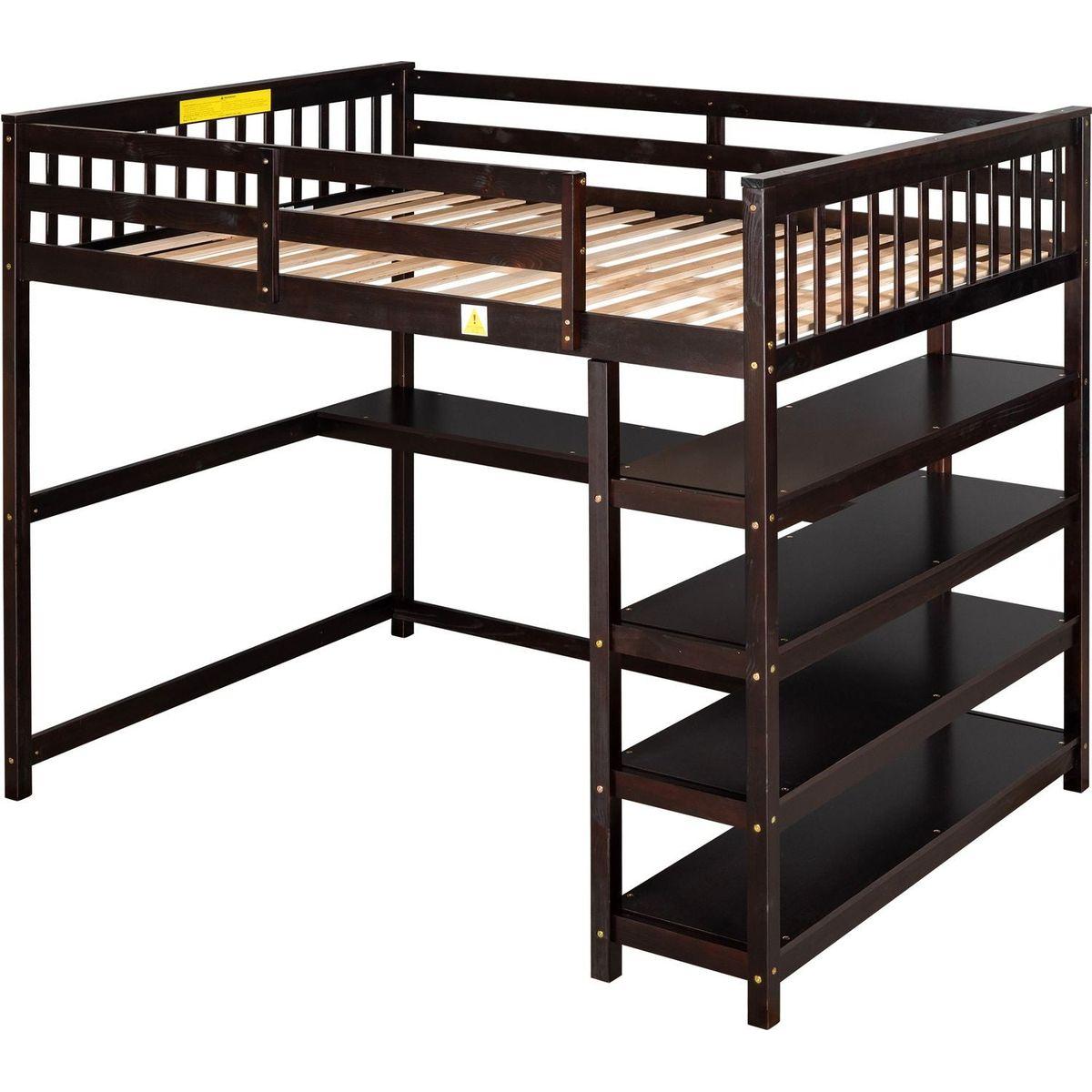 Full Size Loft Bed with Storage Shelves and Under-bed Desk, Espresso