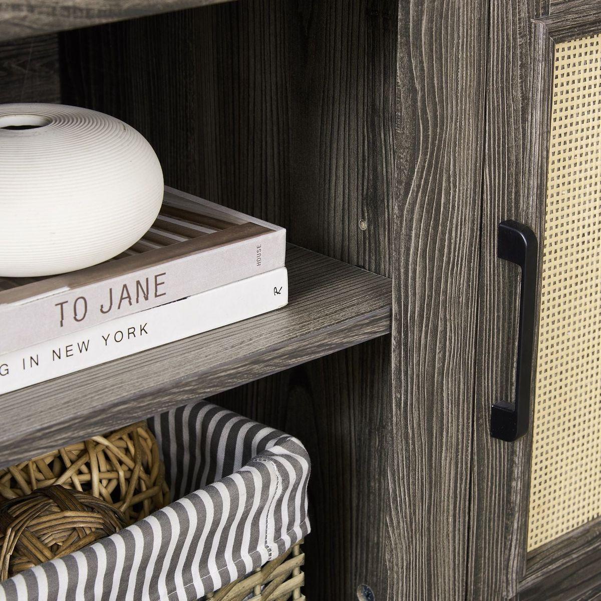 Farmhouse Rattan TV Stand Console Table for TVs up to 70 Inches, TV Console Table with 2 Storage Shelves, 2 Natural Rattan Door Cabinets, 65"Wx15.55"Dx23.86"H, Gray