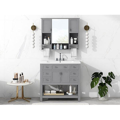 36" Bathroom Vanity with Top Sink, Modern Mirror Cabinet with Towels Bar, Bathroom Storage Cabinet with 2 Soft Closing Doors and 6 Drawers, Single Sink Bathroom Vanity