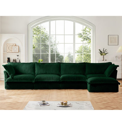 Slipcovered L Shape Sectional Long Sofa Couch, 4 Seater Sofa with Suppleness Armrests,Deep Seat Sofa with 2 Big Pillows, Comfy Couch for Living Room, Apartment, Green Corduroy Fabric