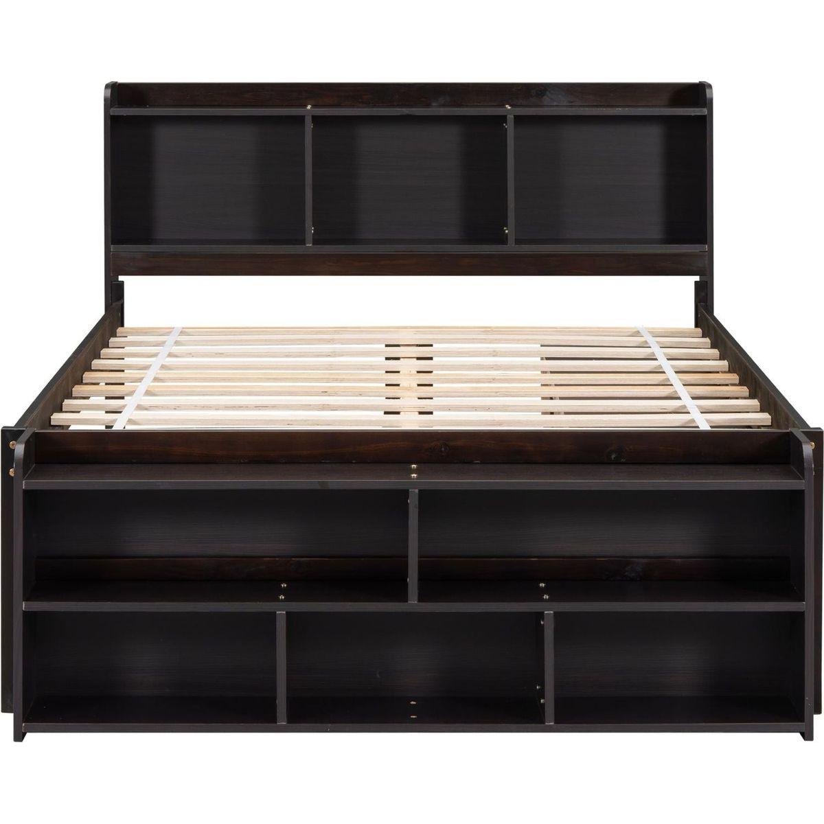 Full Bed with Bookcase Headboard, Under bed Storage Drawers and Bed End Storage Case,Espresso