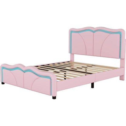 Full Size Upholstered Platform Bed with Curve Shaped and Height-adjustbale Headboard,LED Light Strips,Pink