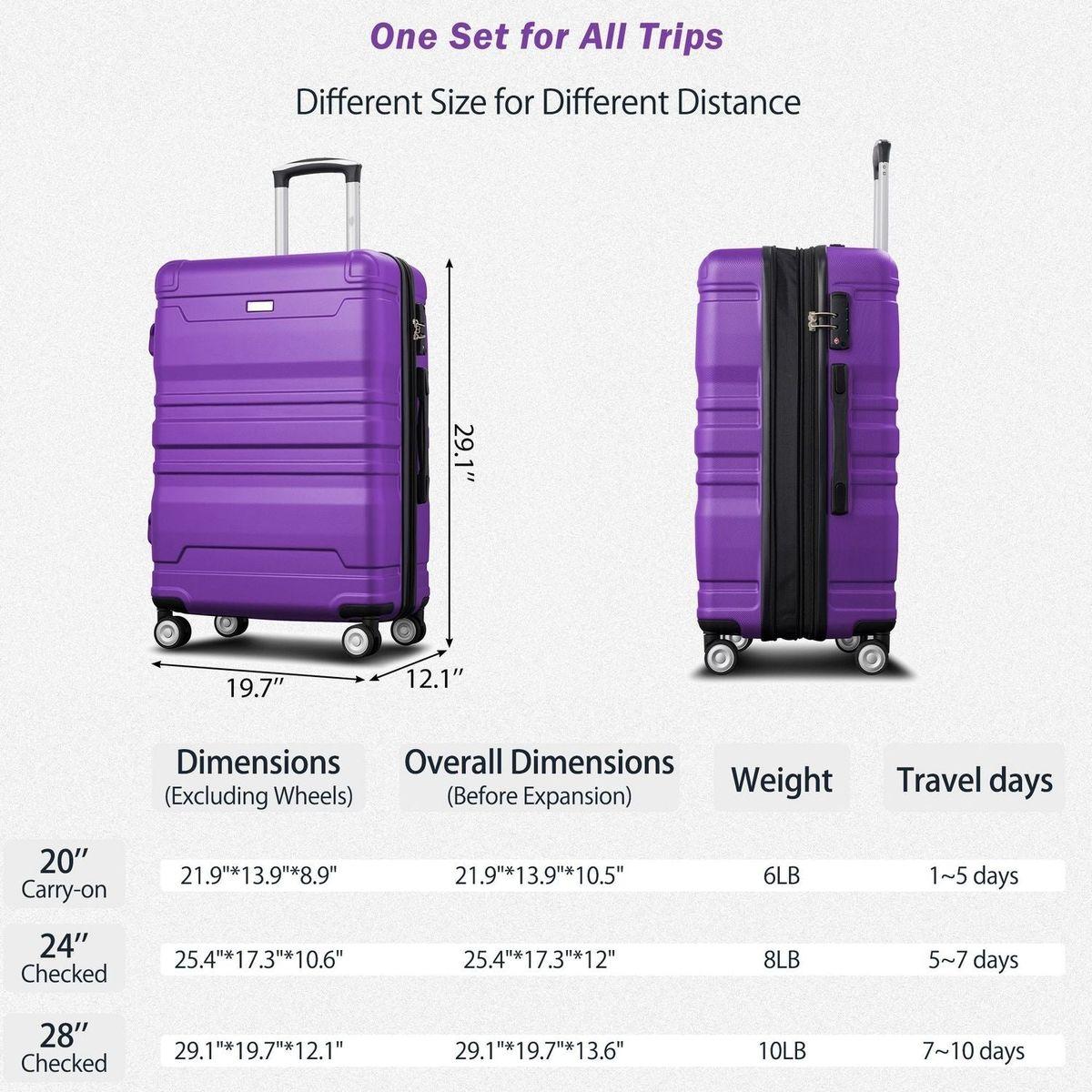 Luggage Sets New Model Expandable ABS Hardshell 3pcs Clearance Luggage Hardside Lightweight Durable Suitcase sets Spinner Wheels Suitcase with TSA Lock 20"24"28"(purple)