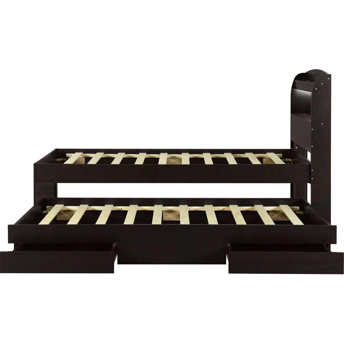 Twin XL Size Platform Bed with Storage LED Headboard, Charging Station, Twin Size Trundle and 2 Drawers, Dark Brown