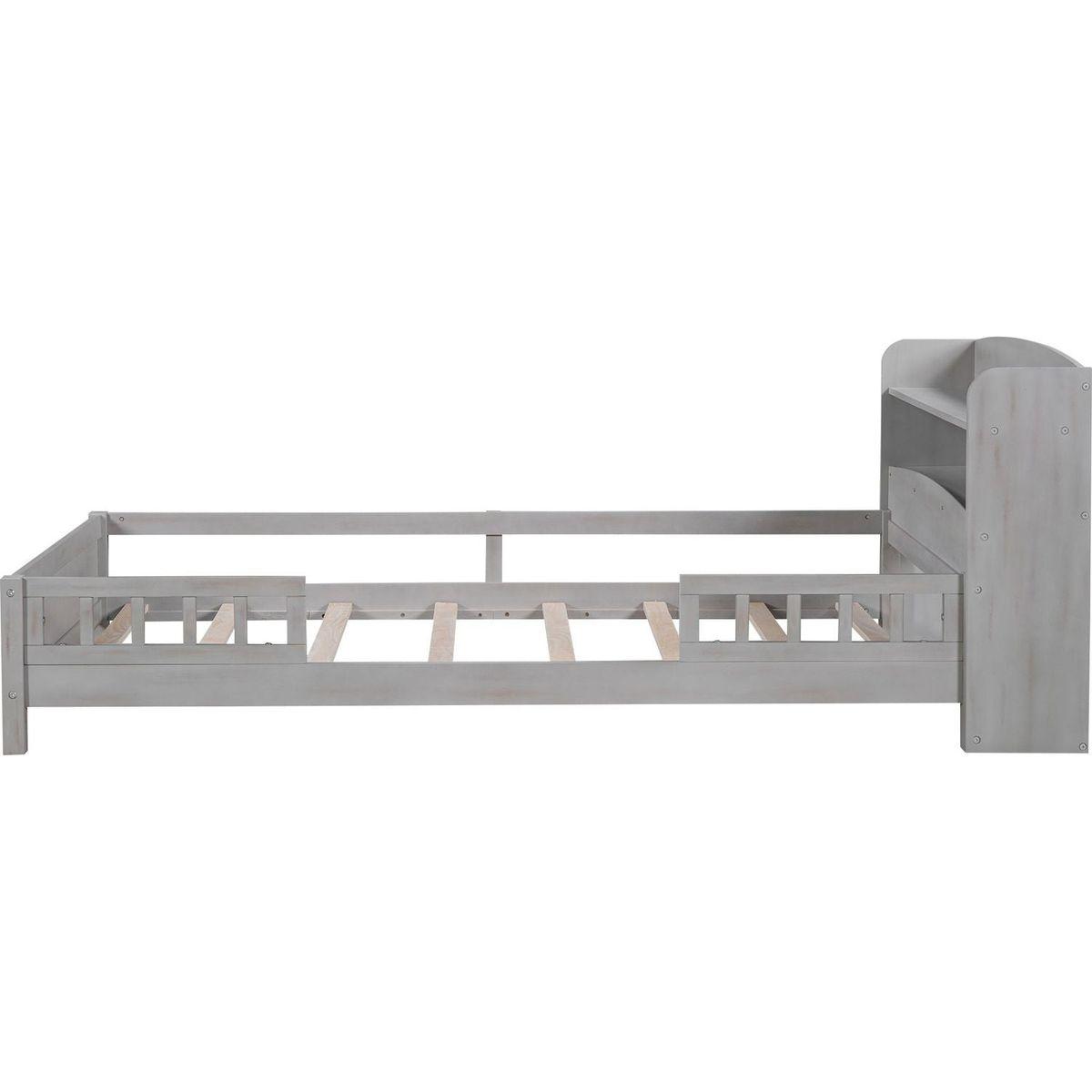 Wood Twin Size Platform Bed with Built-in LED Light, Storage Headboard and Guardrail, Antique Grey