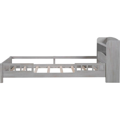 Wood Twin Size Platform Bed with Built-in LED Light, Storage Headboard and Guardrail, Antique Grey