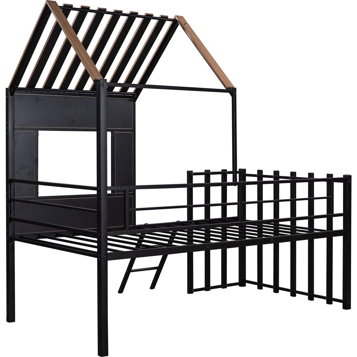 Metal Twin size Loft Bed with Roof, Window, Guardrail, Ladder Black