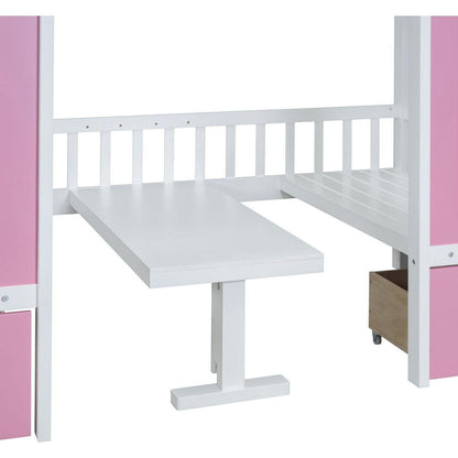 Twin-Over-Twin Bunk Bed with Changeable Table, Bunk Bed Turn into Upper Bed and Down Desk -Pink