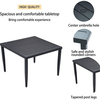 5-Piece Outdoor Patio Aluminum Furniture, Modern Dining Set, including 4 Dining Chairs Sunbrella Fabric Cushioned and 40" Square Dining Table with Umbrella Hole, Ember Black